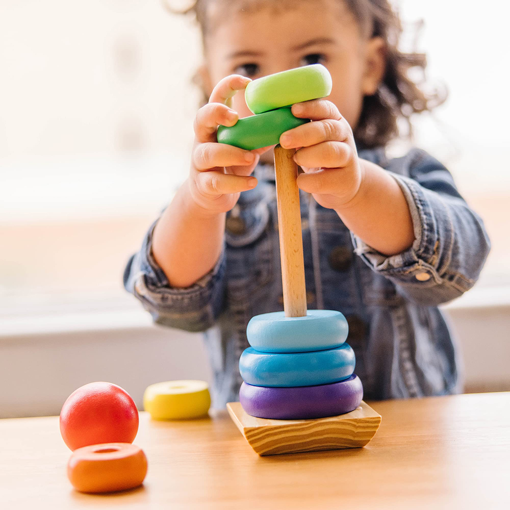 (4 Macaron) Rainbow Stacker Wooden Ring Educational Toy Kids Tower Stack Up Blocks Color Shape Game Baby Montessori Toys for Children Gifts