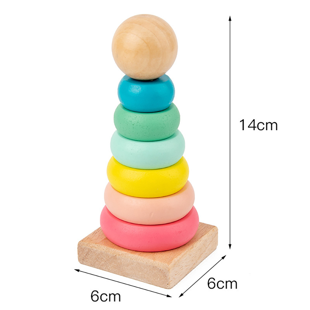 (4 Macaron) Rainbow Stacker Wooden Ring Educational Toy Kids Tower Stack Up Blocks Color Shape Game Baby Montessori Toys for Children Gifts