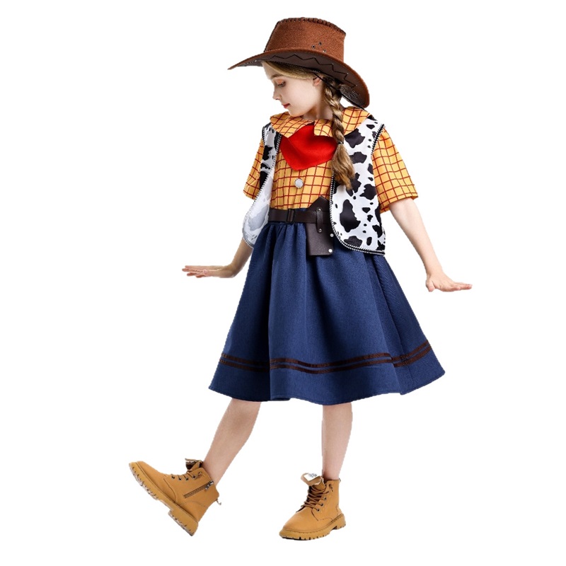(150) Cartoon Woody Toy Story Dress Childrens Day Outfit For Girls Boys Denim Halloween Costume