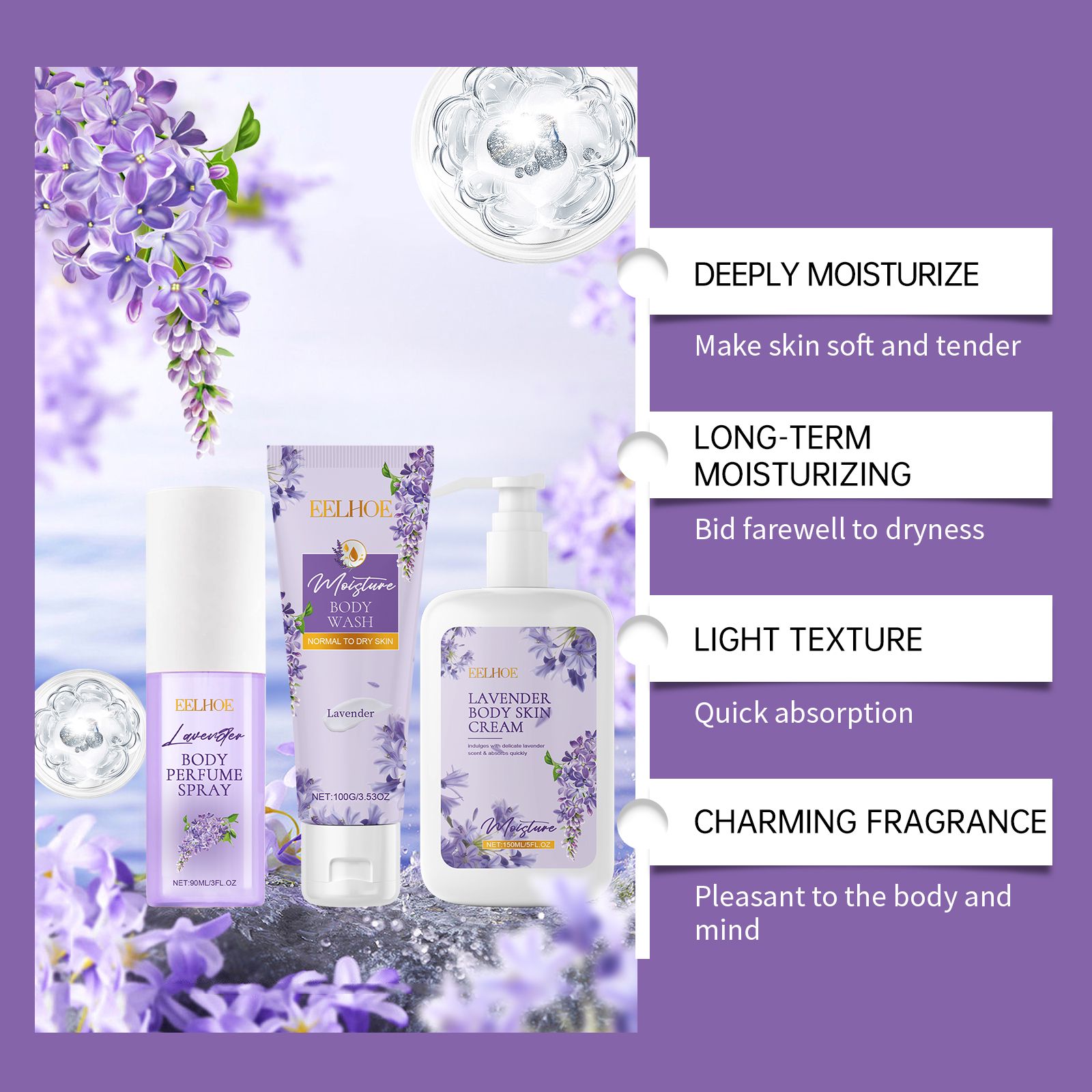 Lavender Body Care Gift Set With Body Wash Lotion And Perfume Spray For Daily Hydration