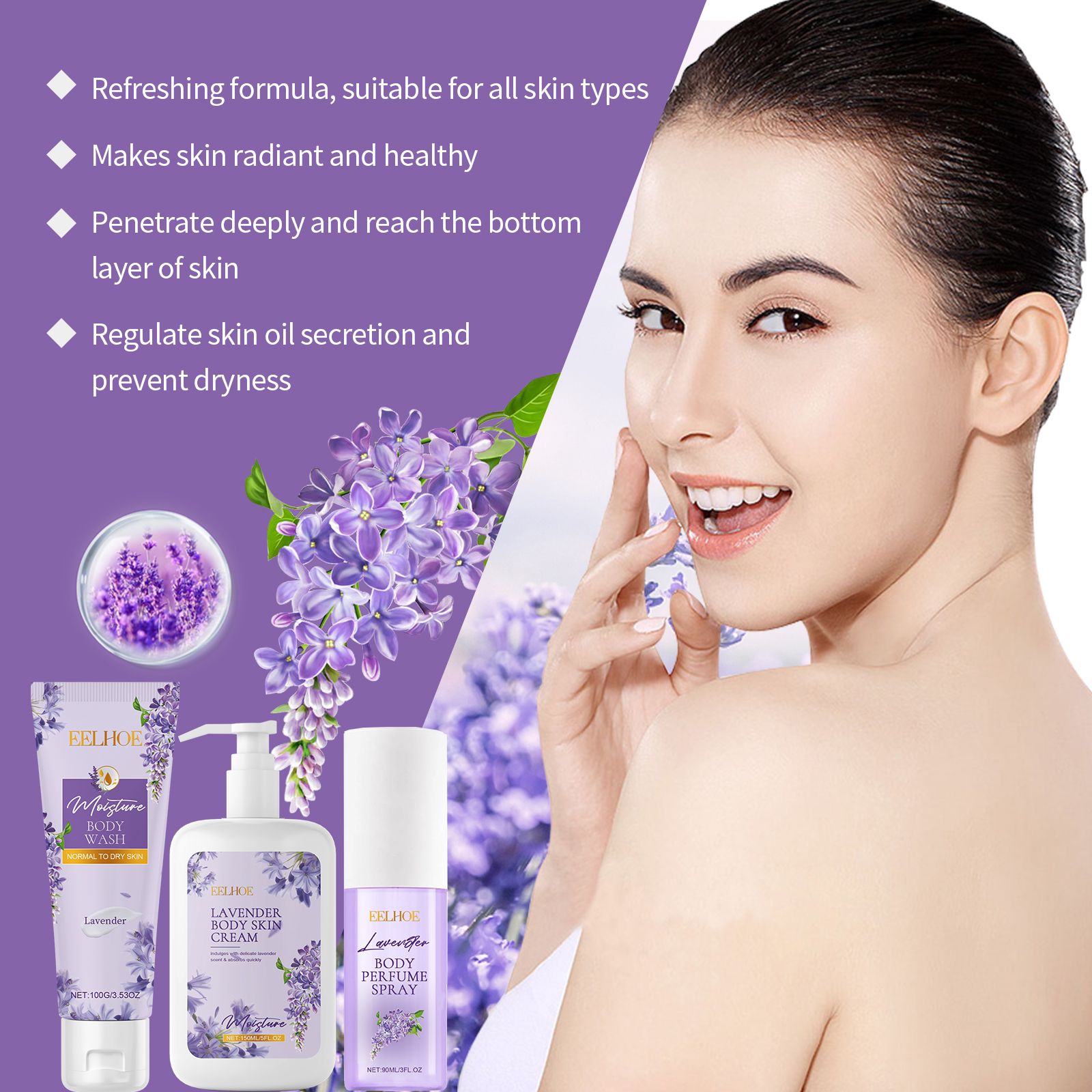 Lavender Body Care Gift Set With Body Wash Lotion And Perfume Spray For Daily Hydration