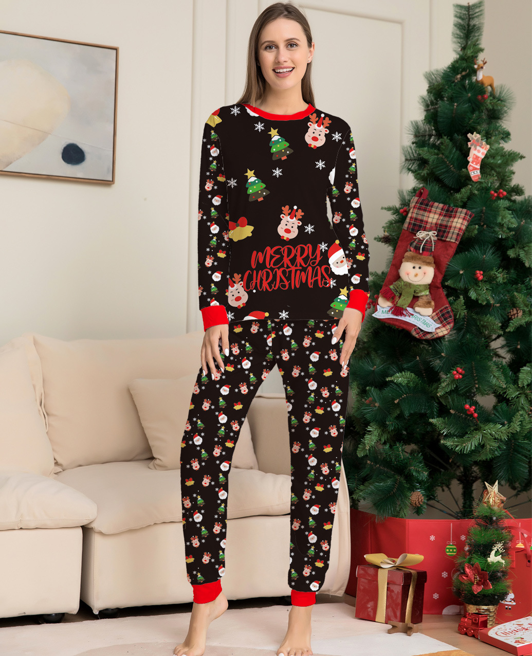 (6M Baby) Christmas Family Matching Pajamas Christmas Tree Santa Deer Print Adults Kids Family Matching Outfits Top and Pants 2PCS Xmas Sleepwear Pyjamas Baby Jumpsuit