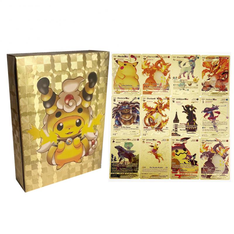 Gold Cards TCG Deck Box Foil Pokemon Card Assorted Collect Game English Letter Gift for Boys Girls 14pcs Vmax 11pcs V 14pcs GX 9 pcs Vstar 9pcs basic