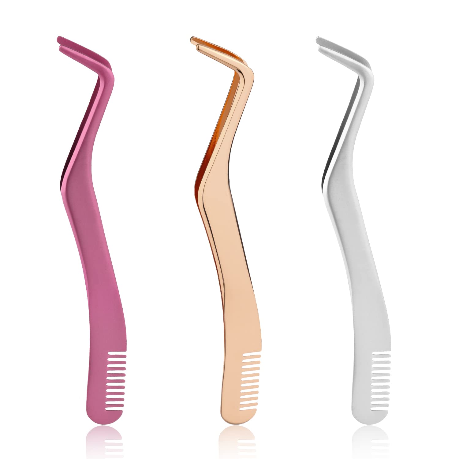 Eyelashes Tweezers False Lashes Applicator Stainless Steel Lash Extension Tweezers with Comb Classic Lashes Smeared Natural Beauty Tools for Volume Isolation Ergonomic Curved Makeup Artist Salon Home Use 3pcs Set