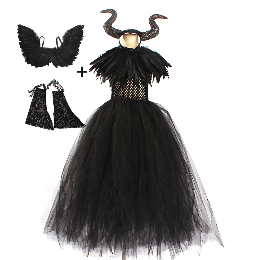 (90~110CM) Maleficent Costume for Kids Girls Evil Queen Fancy Dress Up Black Princess Magic Wizard Halloween Carnival Cosplay