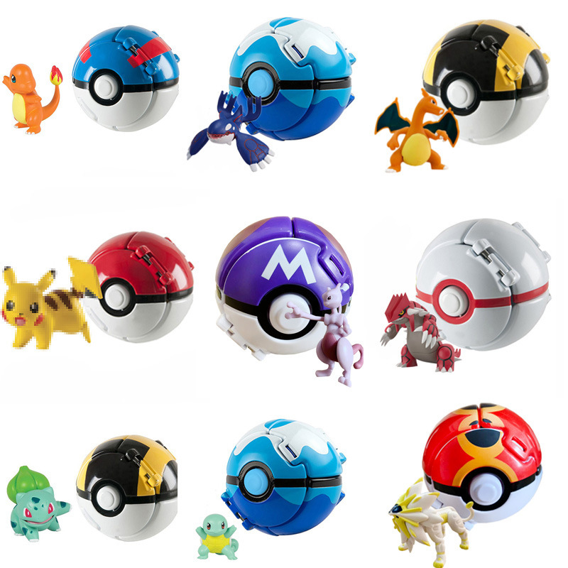 (Pikachu A) Pokemon Ball Toys Action Figures Pikachu Charmander Charizard Squirtle Meowth Bulbasaur Rockruff Abra Cubone Solgaleo Kyogre Groudon Mewtwo Psyduck