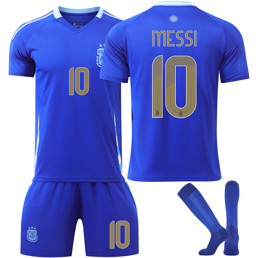 (Kids 2~3 Years) 2024 Argentina Away Football Kits with No.10 Messi Jersey Set Soccer Jerseys Boys Girls Football Training Shirts Shorts Socks Tracksuit Gifts for Kids