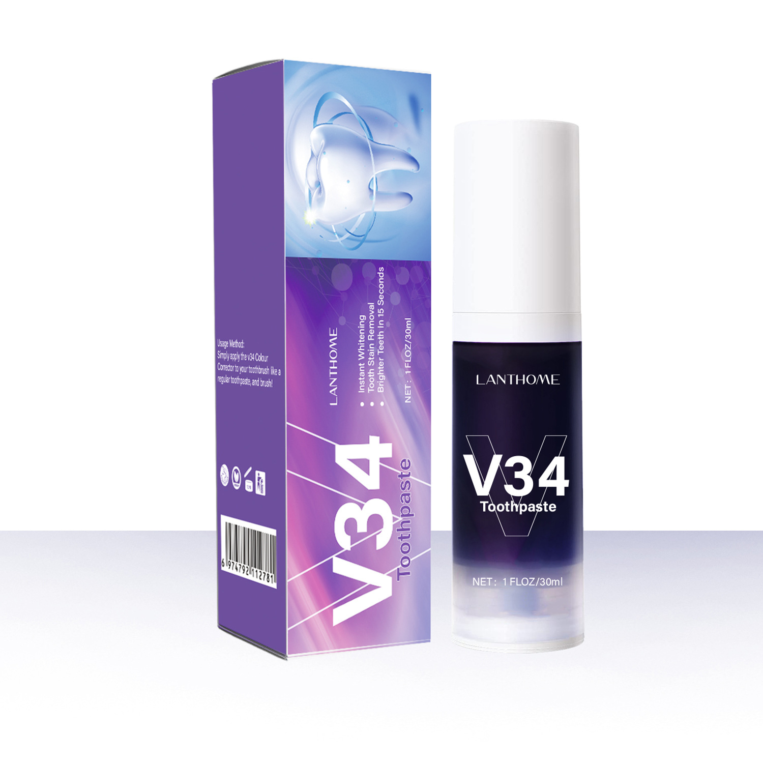 V34 Smile Tooth Whitening Toothpaste Plaque Removal Purple Corrector Tooth Whitening Toothpaste Enamel Care Easily Reduce Yellowing Oral Clean Care