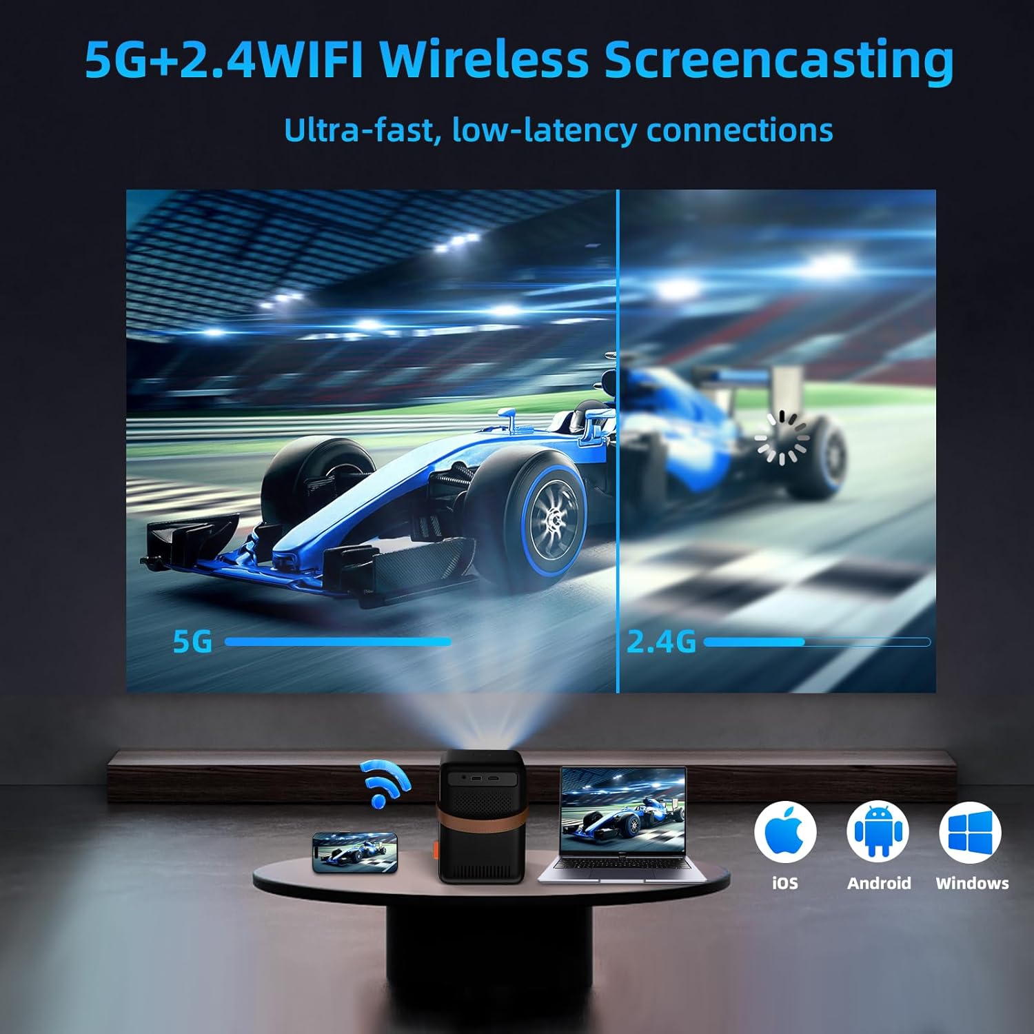 Electric Focus Mini Portable Projector 500 ANSI FunFlix G1 5G WIFI Bluetooth Projector 1080P Full HD Supported 300 Inch Display Zoom Home Cinema Video Projector for TV Stick Smartphone HDMI USB PS5
