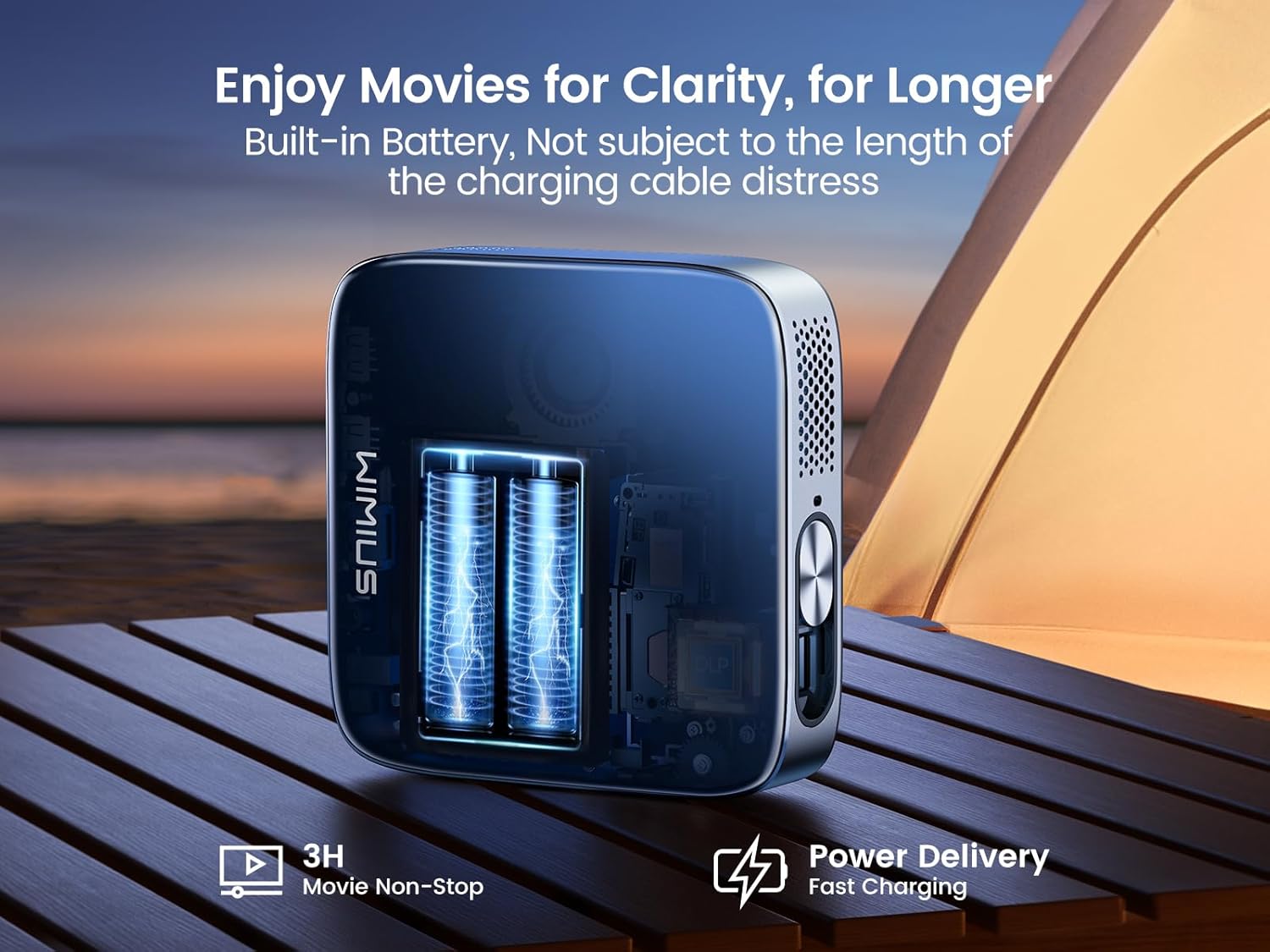 Mini Projector Android 11.0 550ANSI Ultra Short Throw DLP Battery Portable Projector WiFi6 Bluetooth FHD 1080P Support Smart Pocket Projector for Home Cinema Travel Camping With Stand