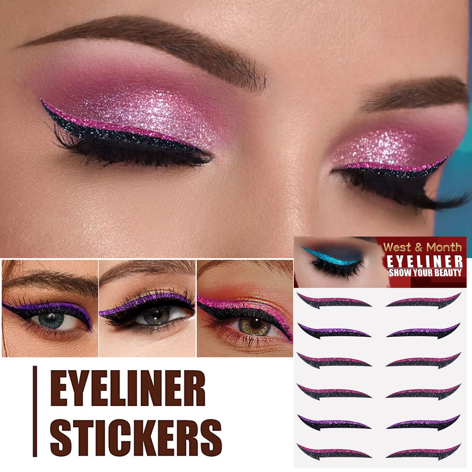 (Black A) Waterproof Double Eyelid Line Stickers Glitter Eyeliner Sticker Set Reusable Eye Makeup Fake Self Adhesive Sticker Beauty Accessories Eye Cosmetics 6 pairs