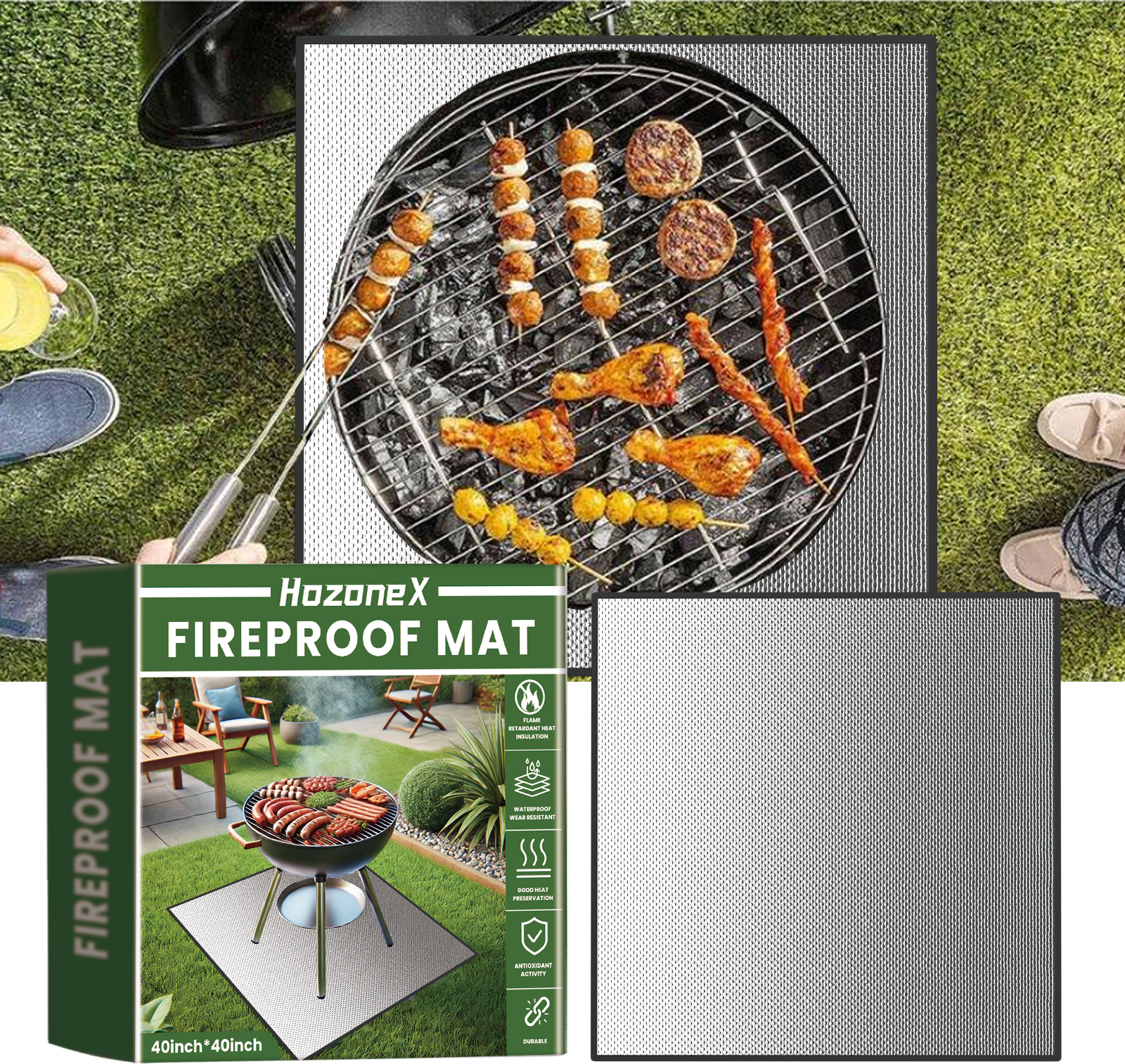 BBQ Mat Floor Outdoor 40x40inches Fireproof Mat BBQ Heat Resistant Grill Mat Reusable Anti-Slip Fireplace Mat Waterproof