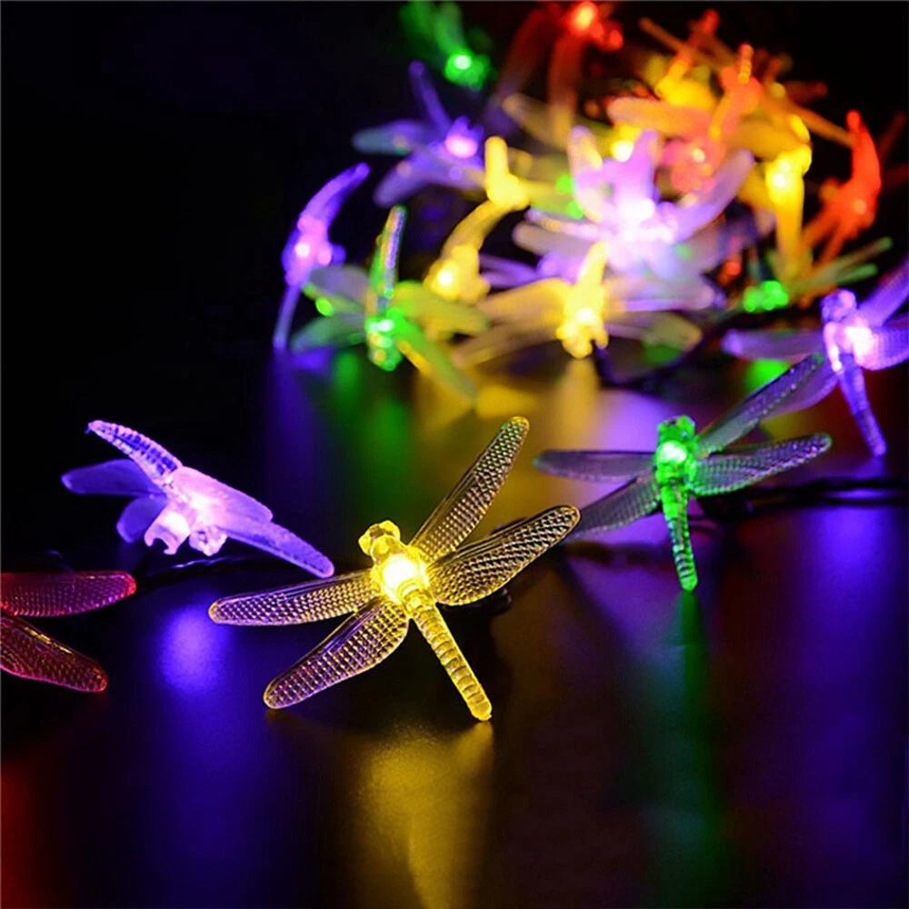 (RGB) Solar LED Dragonfly Fairy String Lights Waterproof Outdoor Garden Wedding Decor 7m 50LED