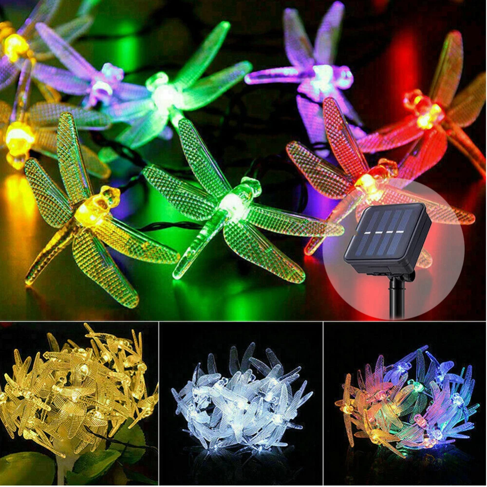 (RGB) Solar LED Dragonfly Fairy String Lights Waterproof Outdoor Garden Wedding Decor 7m 50LED