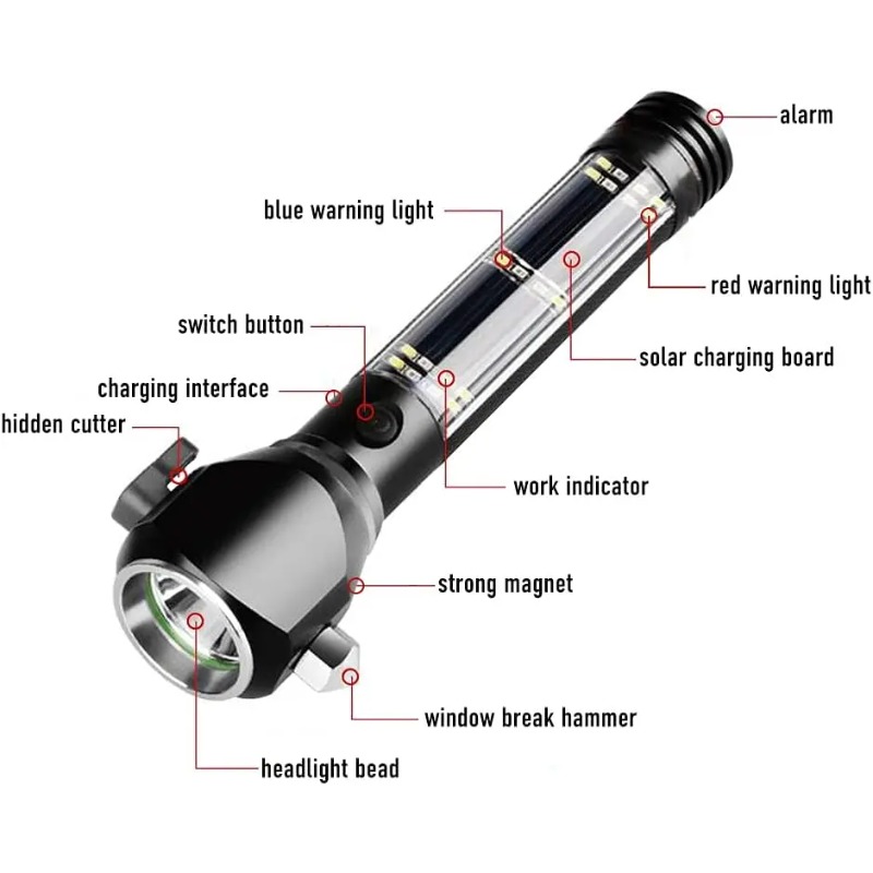 (red) Solar powered car mounted safety hammer flashlight 13 in 1 multifunctional strong light flashlight with cutting compass