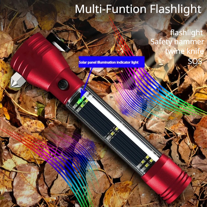 Solar powered car mounted safety hammer flashlight 13 in 1 multifunctional strong light flashlight with cutting compass