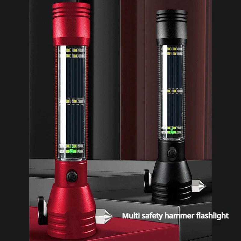(red) Solar powered car mounted safety hammer flashlight 13 in 1 multifunctional strong light flashlight with cutting compass