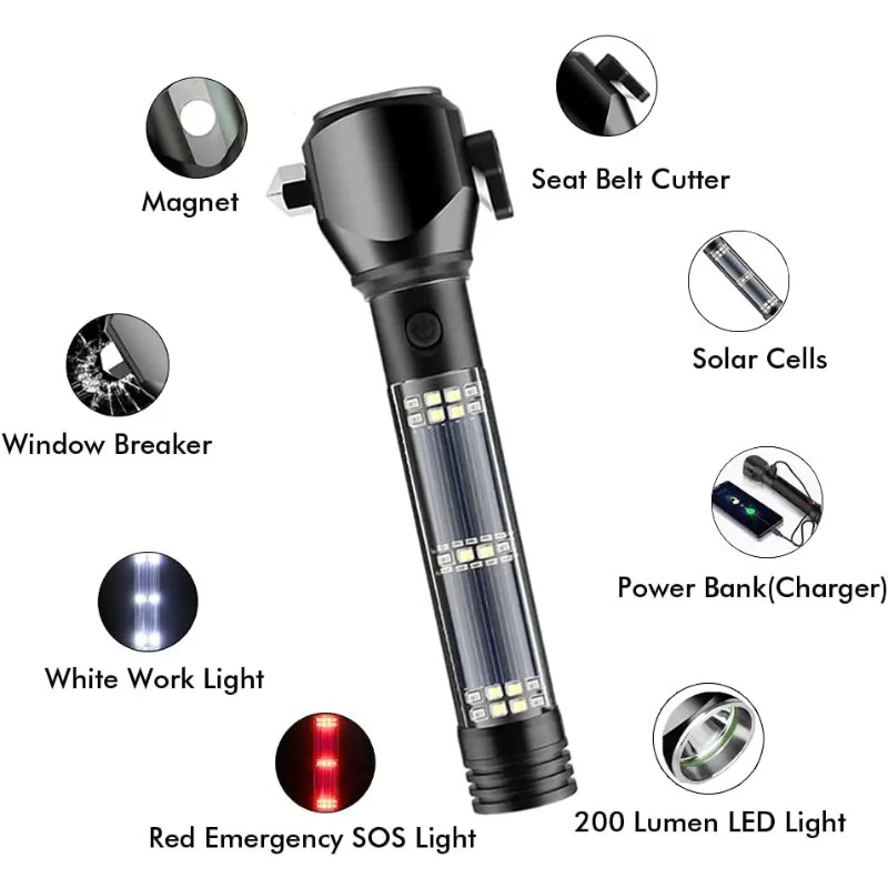 (red) Solar powered car mounted safety hammer flashlight 13 in 1 multifunctional strong light flashlight with cutting compass