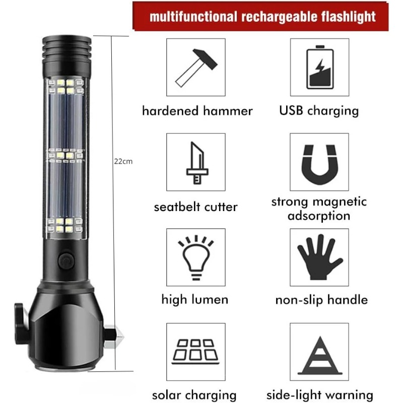 (red) Solar powered car mounted safety hammer flashlight 13 in 1 multifunctional strong light flashlight with cutting compass
