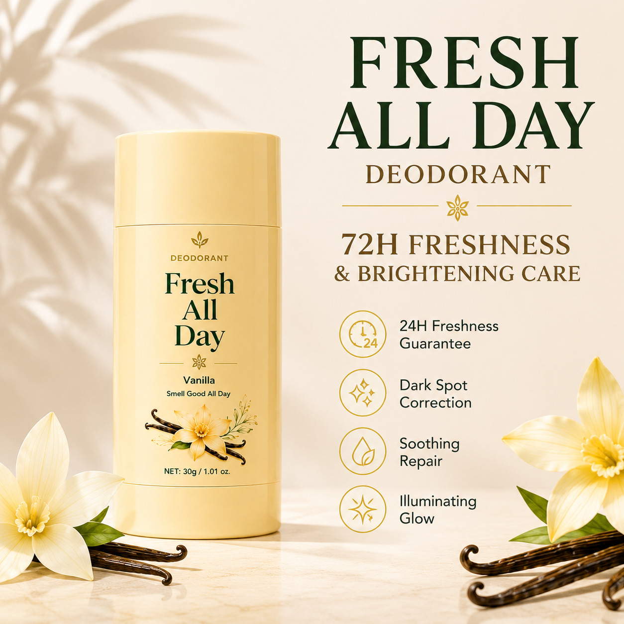 Long Lasting Fresh Deodorant With Vanilla Scent For Odor Control And Daily Skin Protection 30g
