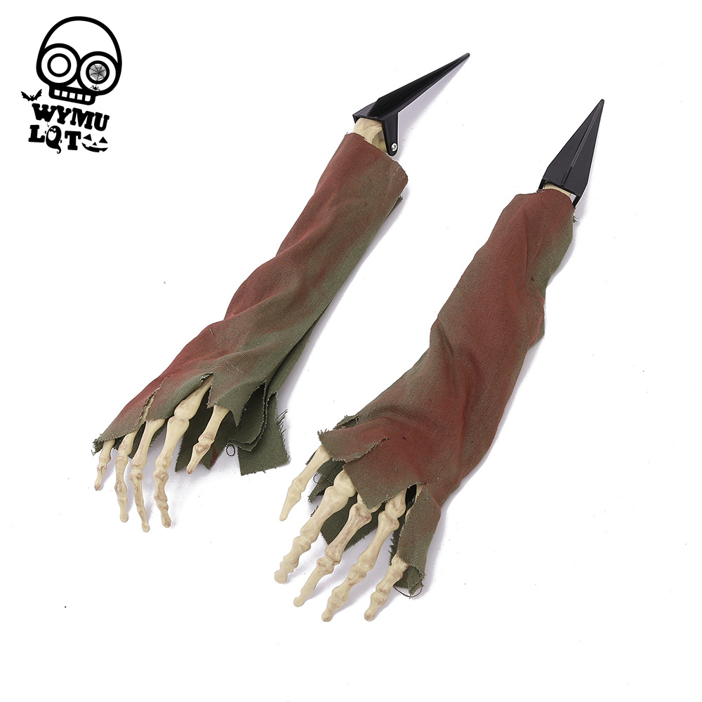 (Green Clad Skeleton) Ground Inserted Skull Ghost Head Halloween Three Piece Set Crawling Ghost Prank Simulated Arm Skull Venue Decoration