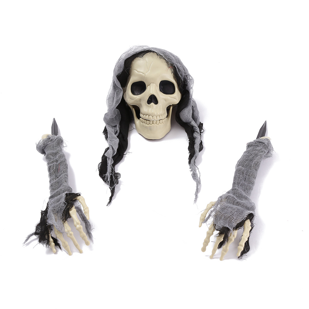 (Green Clad Skeleton) Ground Inserted Skull Ghost Head Halloween Three Piece Set Crawling Ghost Prank Simulated Arm Skull Venue Decoration