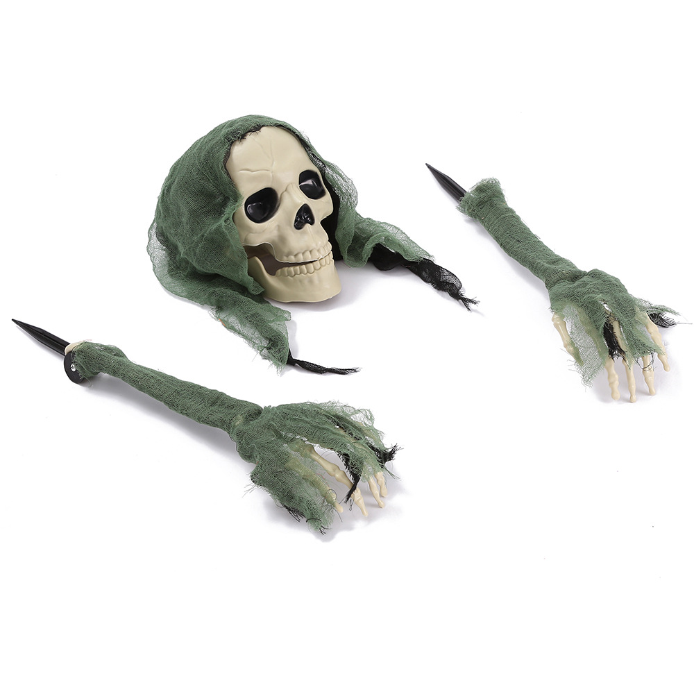 (Green Clad Skeleton) Ground Inserted Skull Ghost Head Halloween Three Piece Set Crawling Ghost Prank Simulated Arm Skull Venue Decoration
