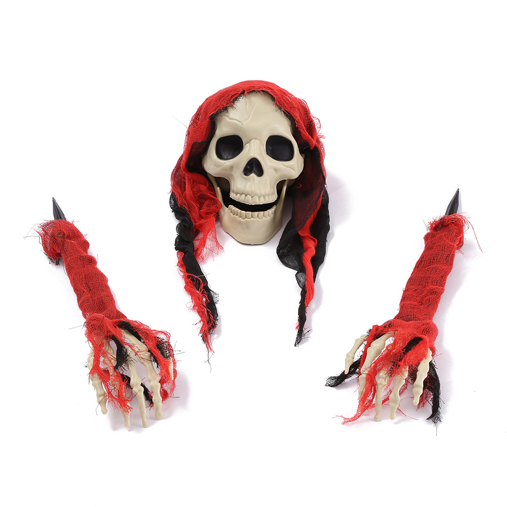 (Green Clad Skeleton) Ground Inserted Skull Ghost Head Halloween Three Piece Set Crawling Ghost Prank Simulated Arm Skull Venue Decoration