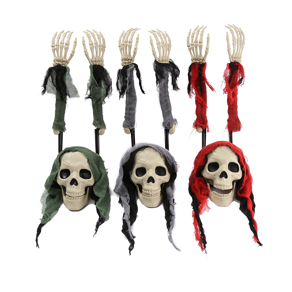 (Green Clad Skeleton) Ground Inserted Skull Ghost Head Halloween Three Piece Set Crawling Ghost Prank Simulated Arm Skull Venue Decoration