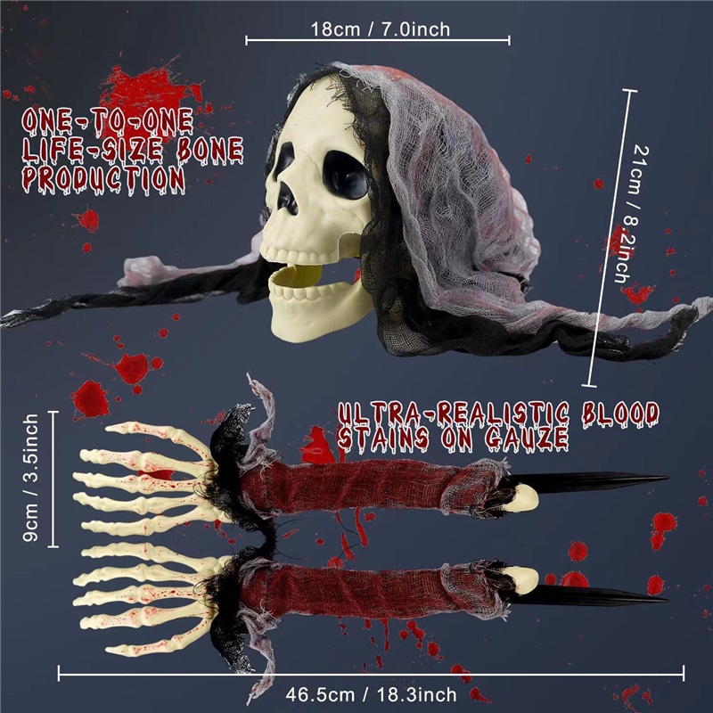 (Green Clad Skeleton) Ground Inserted Skull Ghost Head Halloween Three Piece Set Crawling Ghost Prank Simulated Arm Skull Venue Decoration