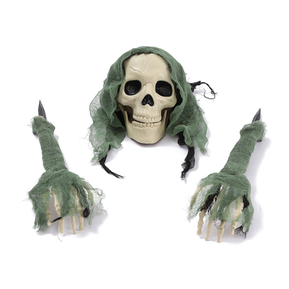 (Green Clad Skeleton) Ground Inserted Skull Ghost Head Halloween Three Piece Set Crawling Ghost Prank Simulated Arm Skull Venue Decoration