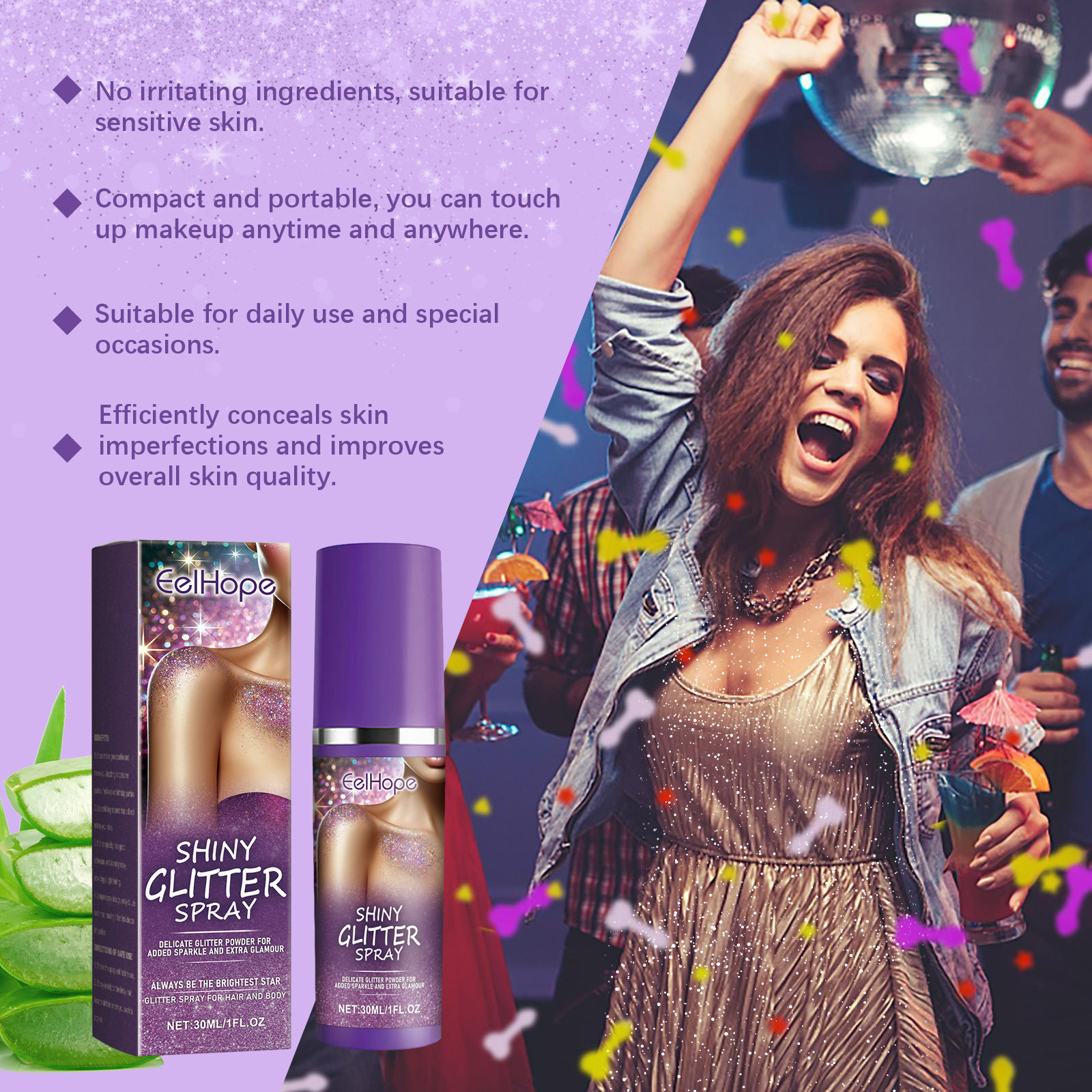 Shimmer Body Glitter Spray Mica Vitamin E For Party Festival Nightclub Hair Face And Clothes
