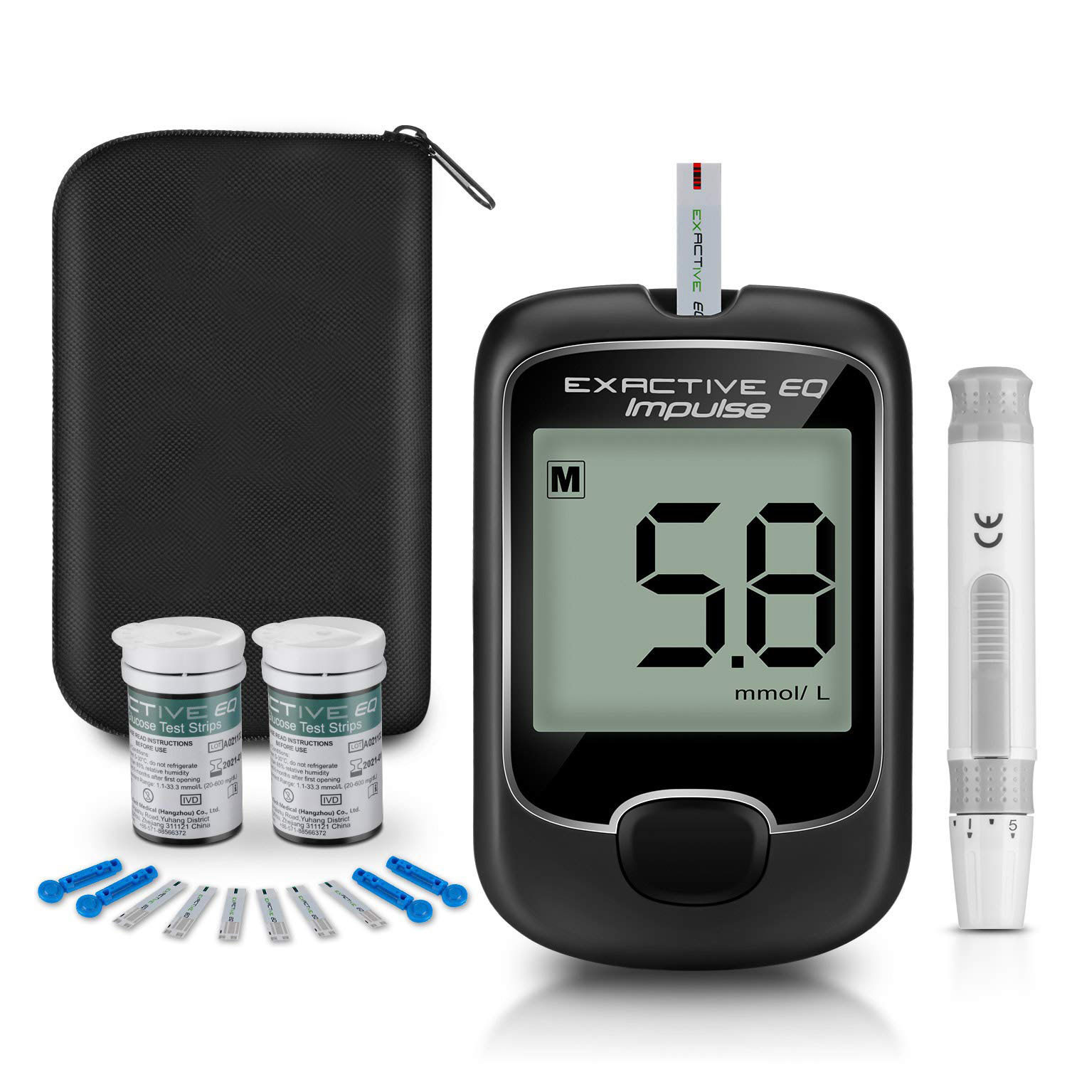 (Host mg/dL+50X test paper+50X needles) EXACTIVE EQ IMPULSE Blood Glucose Monitor Kit + Test Strips + Lancets
