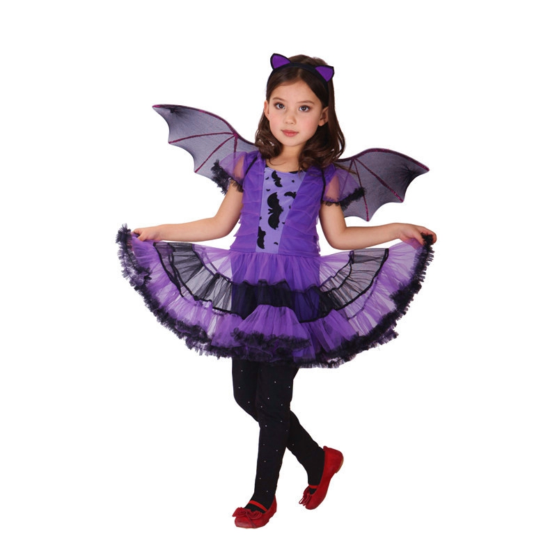 (95~110cm) Halloween Decor Halloween Witch Costume for Girls Purple Bat Dress Up Cosplay Party Supplies Halloween Performance Decor