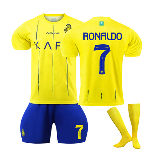 (Kids 2~3 Years) 2023 2024 Al Nassr Riyadh Victory Home Jersey No. 7 Ronaldo Soccer Jersey Set Football Kits Kids Activewear Shirts Shorts and Socks KitSports Tracksuit