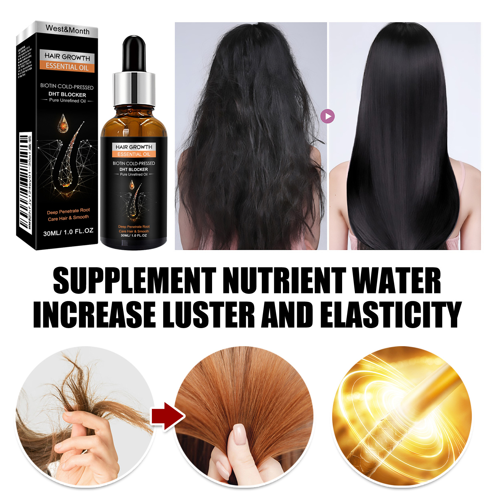 Hair Growth Essential Oil Biotin Cold-Pressed DHT Blocker Thick Hair Growth Shampoo Anti-Hair Loss Conditioner Repair Dry Hair Moisture Hair Essence 30ml