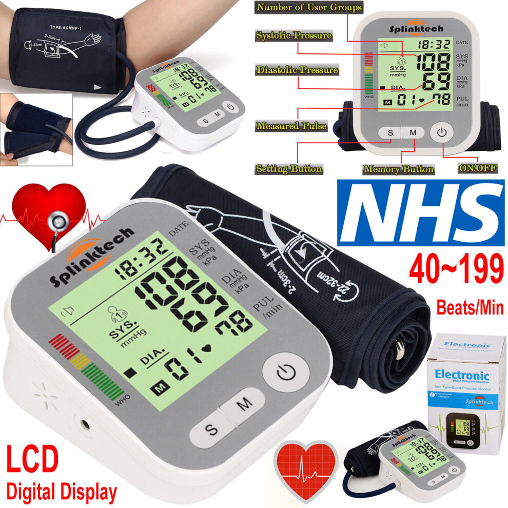 Digital Automatic Blood Pressure Monitor Upper Arm BP Machine Silver
