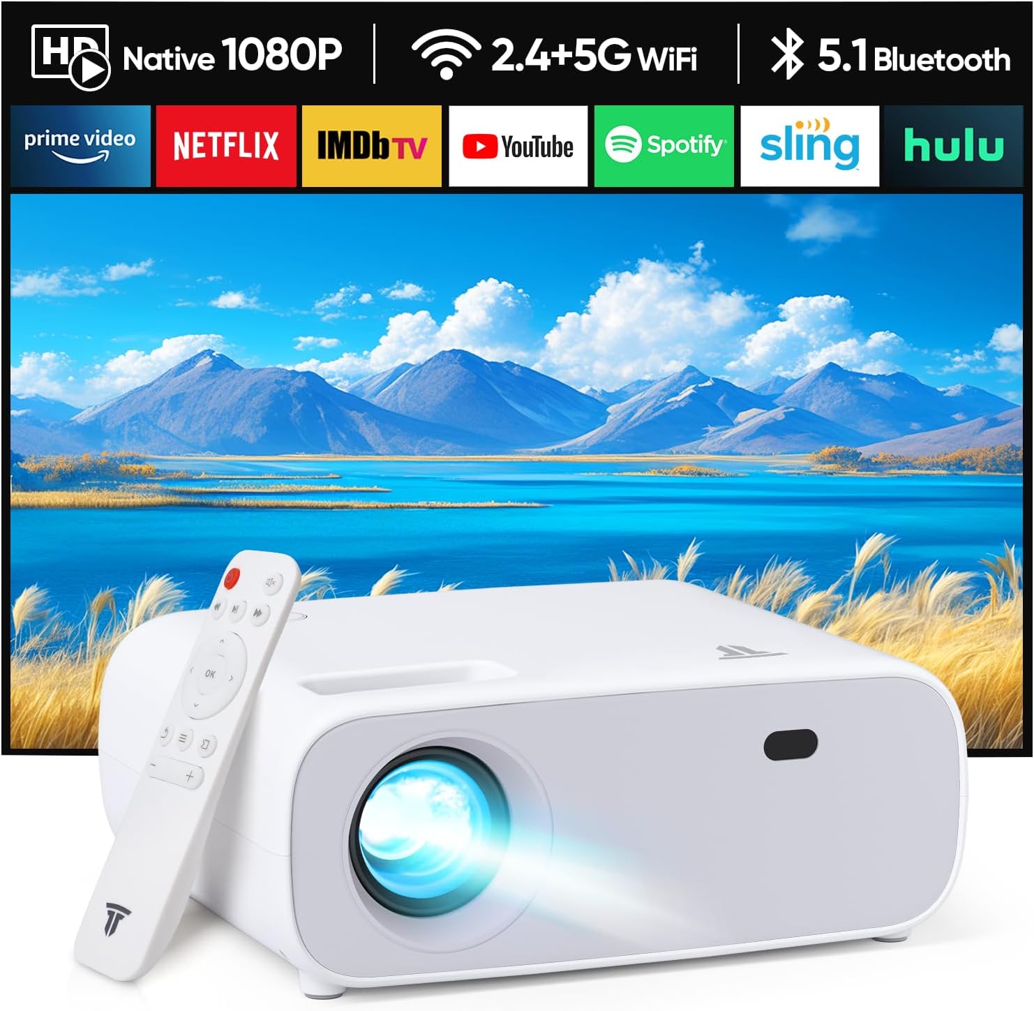 New Mini Projector with 5G WiFi Full HD 1080P Supports BT Projector for Home Cinema Compatible with Smartphones Android iOS TV Box PS5 XBOX White 20000L