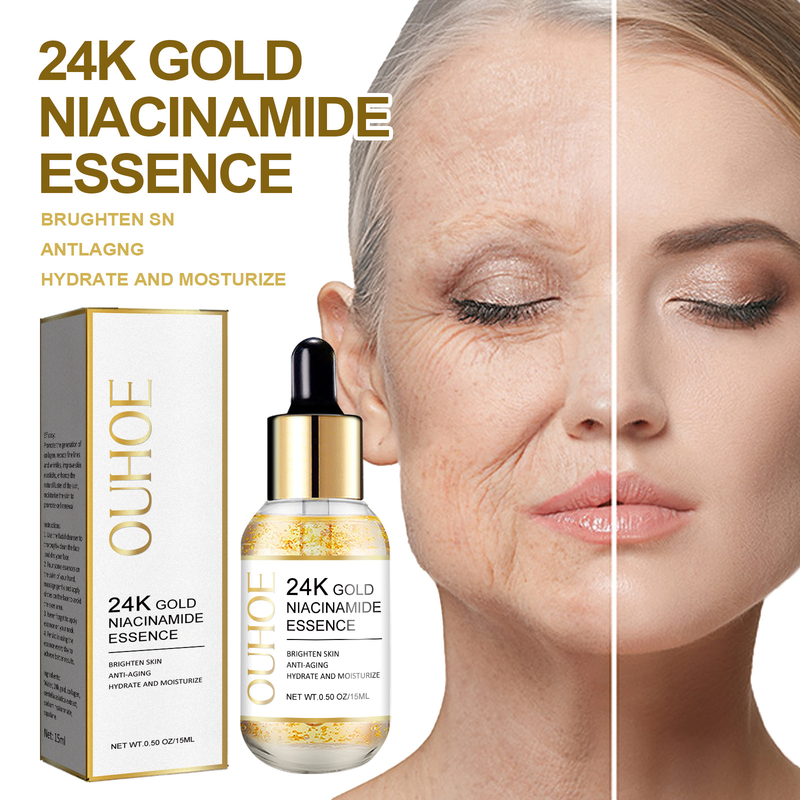 (1 PC) 24K Gold Face Essence for Fine Lines Reduction and Wrinkle Control Face Serum Pore Care Hyaluronic Acid Moisturizing Plumping Essence Aging Skin Care