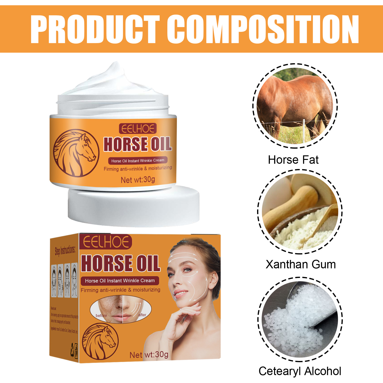 (1 PC) Horse Oil Instant Anti Wrinkle Cream Brightening Smooth Firming Lifting Anti Aging Fade Fine Lines Spot Moisturizing Whitening Repair Skin Skin Rejuvenation