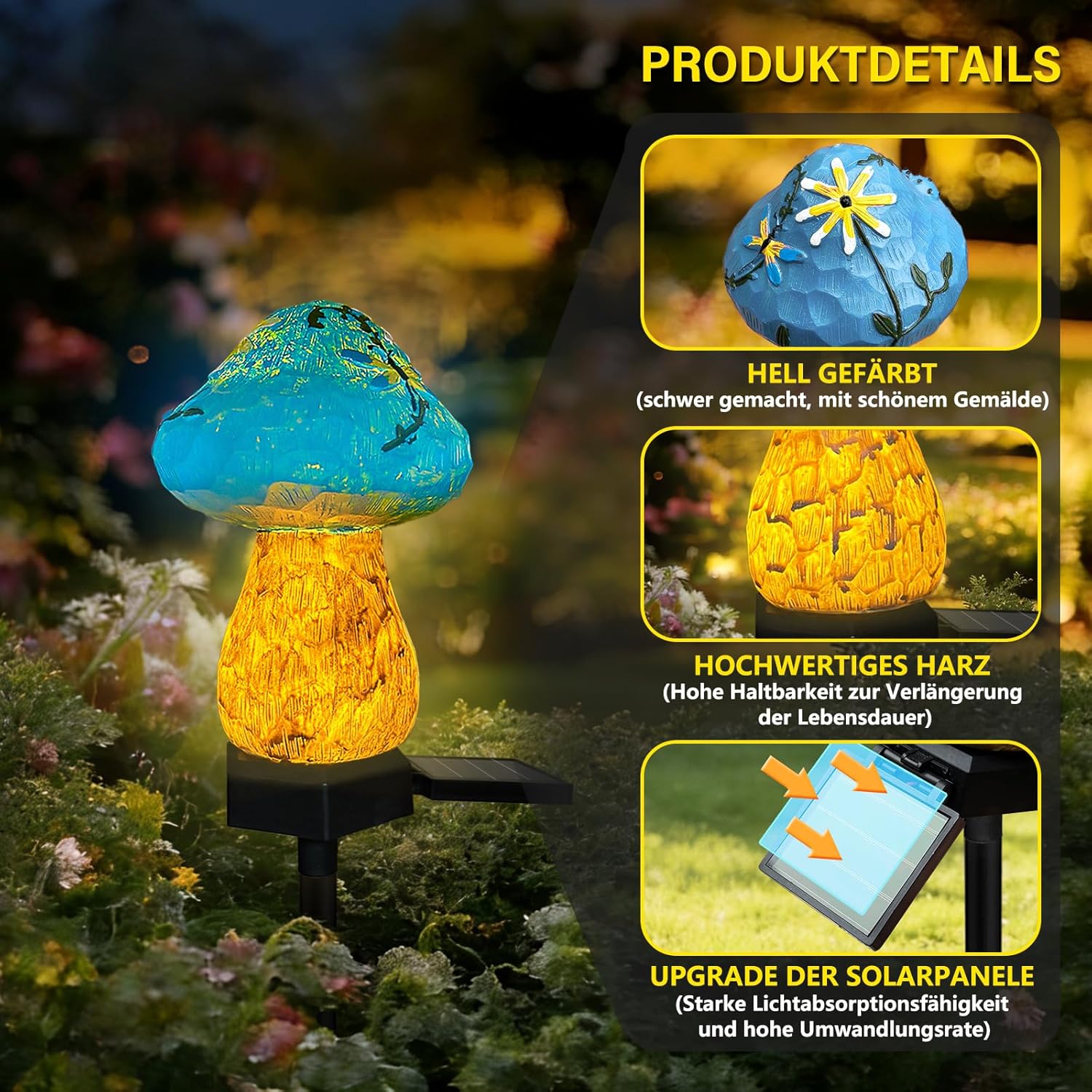 (Blue) Mini Mushroom Solar Stake Light, Warmwhite Light Solar Pathway Light IP44 Waterproof for Garden Outdoor Decoration
