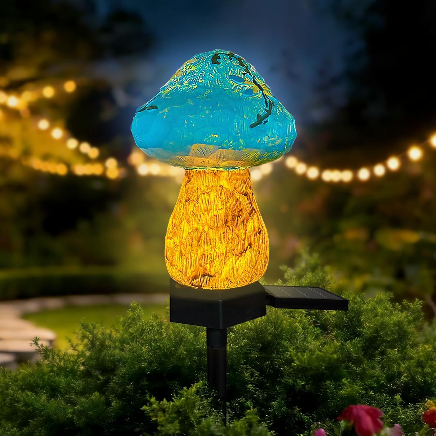 (Blue) Mini Mushroom Solar Stake Light, Warmwhite Light Solar Pathway Light IP44 Waterproof for Garden Outdoor Decoration