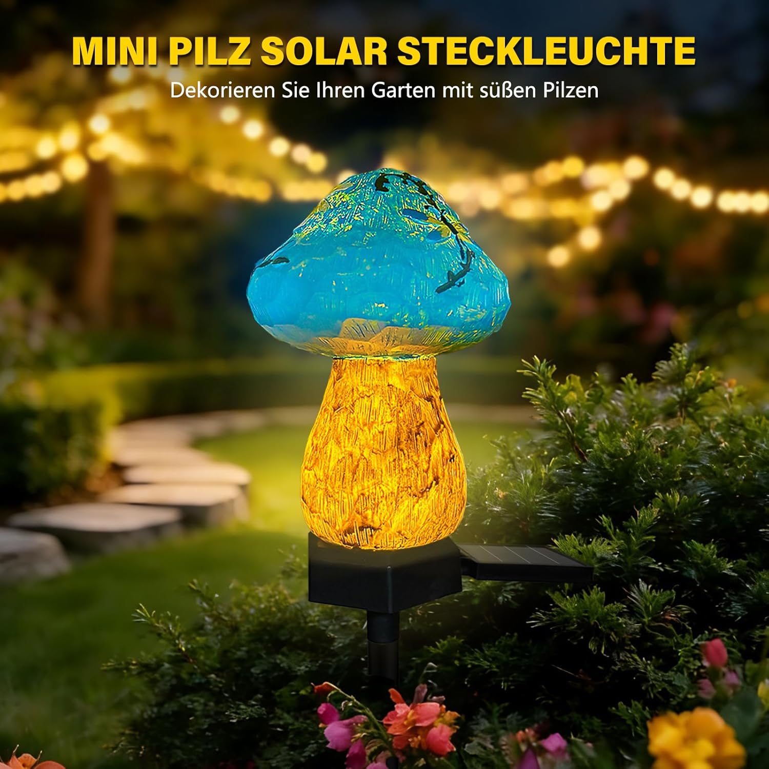 (Blue) Mini Mushroom Solar Stake Light, Warmwhite Light Solar Pathway Light IP44 Waterproof for Garden Outdoor Decoration