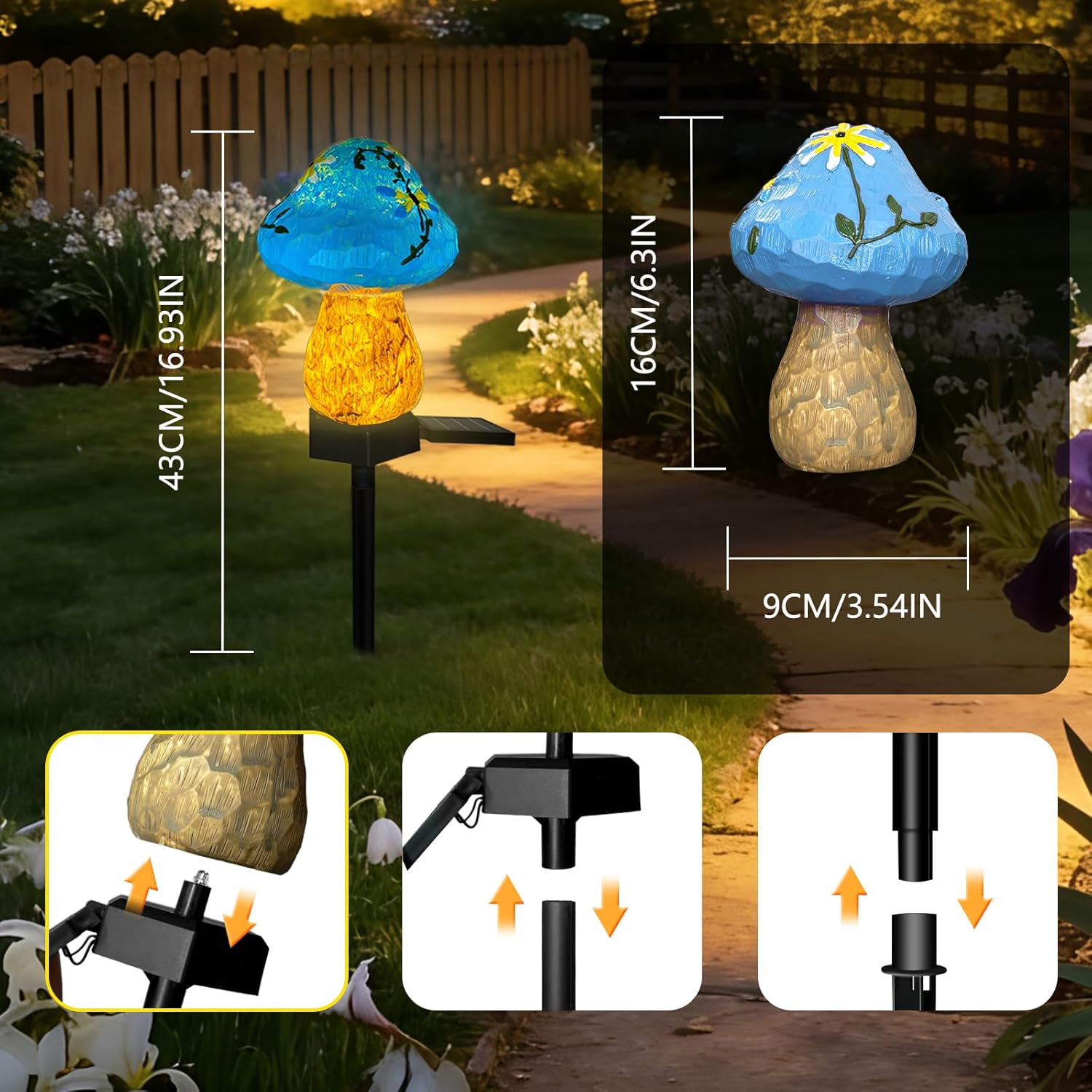 (Blue) Mini Mushroom Solar Stake Light, Warmwhite Light Solar Pathway Light IP44 Waterproof for Garden Outdoor Decoration