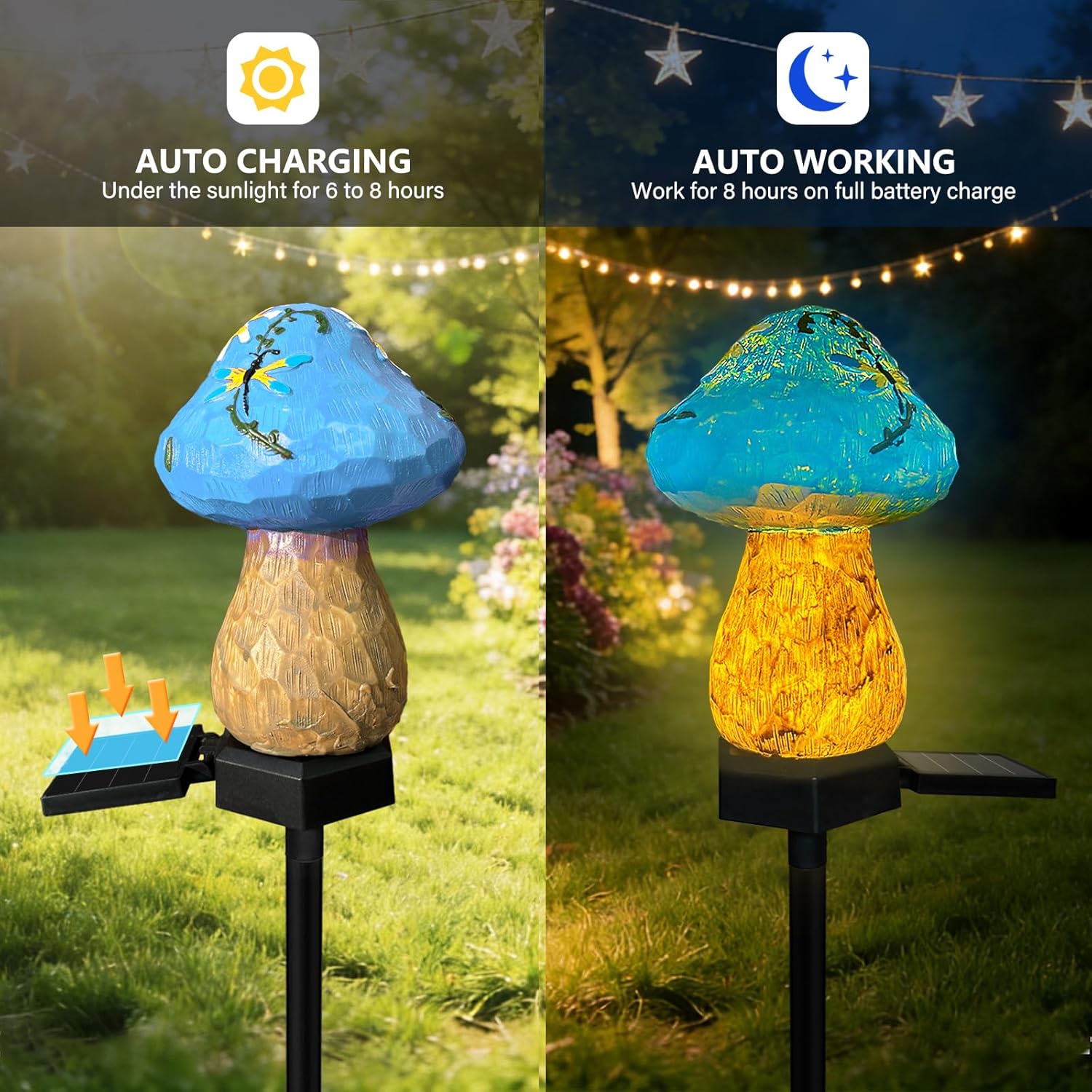 (Blue) Mini Mushroom Solar Stake Light, Warmwhite Light Solar Pathway Light IP44 Waterproof for Garden Outdoor Decoration