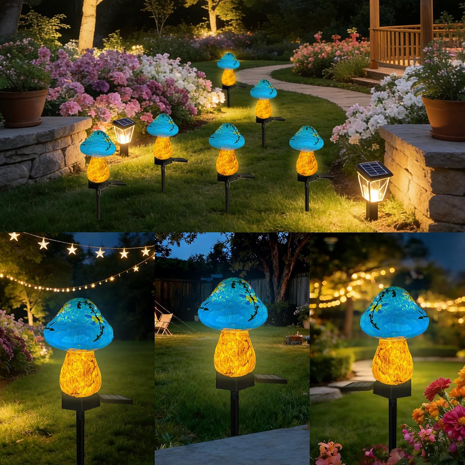 (Blue) Mini Mushroom Solar Stake Light, Warmwhite Light Solar Pathway Light IP44 Waterproof for Garden Outdoor Decoration