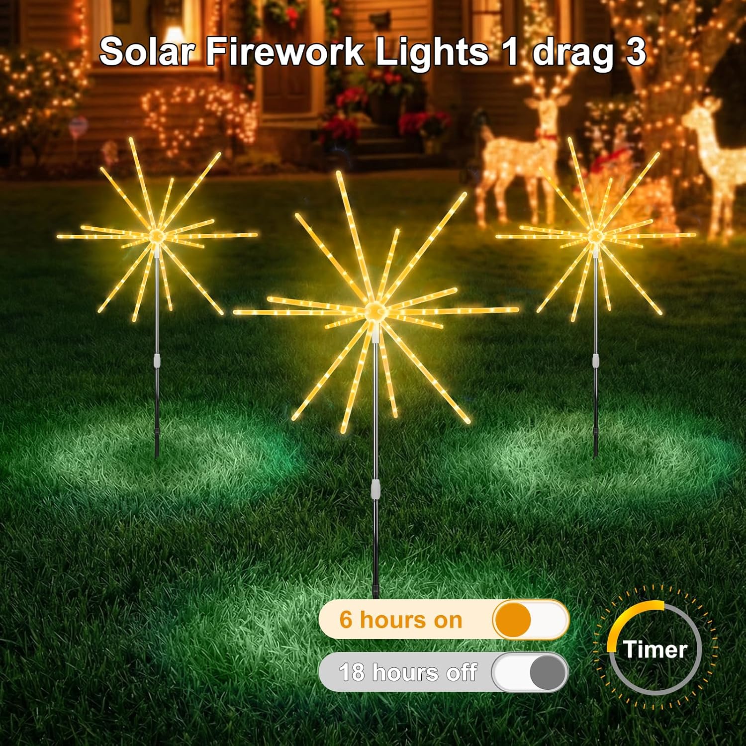 Solar Lights Outdoor Garden 3 in 1 336 LED Solar Firework Lights with Auto Timer 8 Modes Auto On Off Starburst Lights Waterproof for Lawn Yard Patio Party