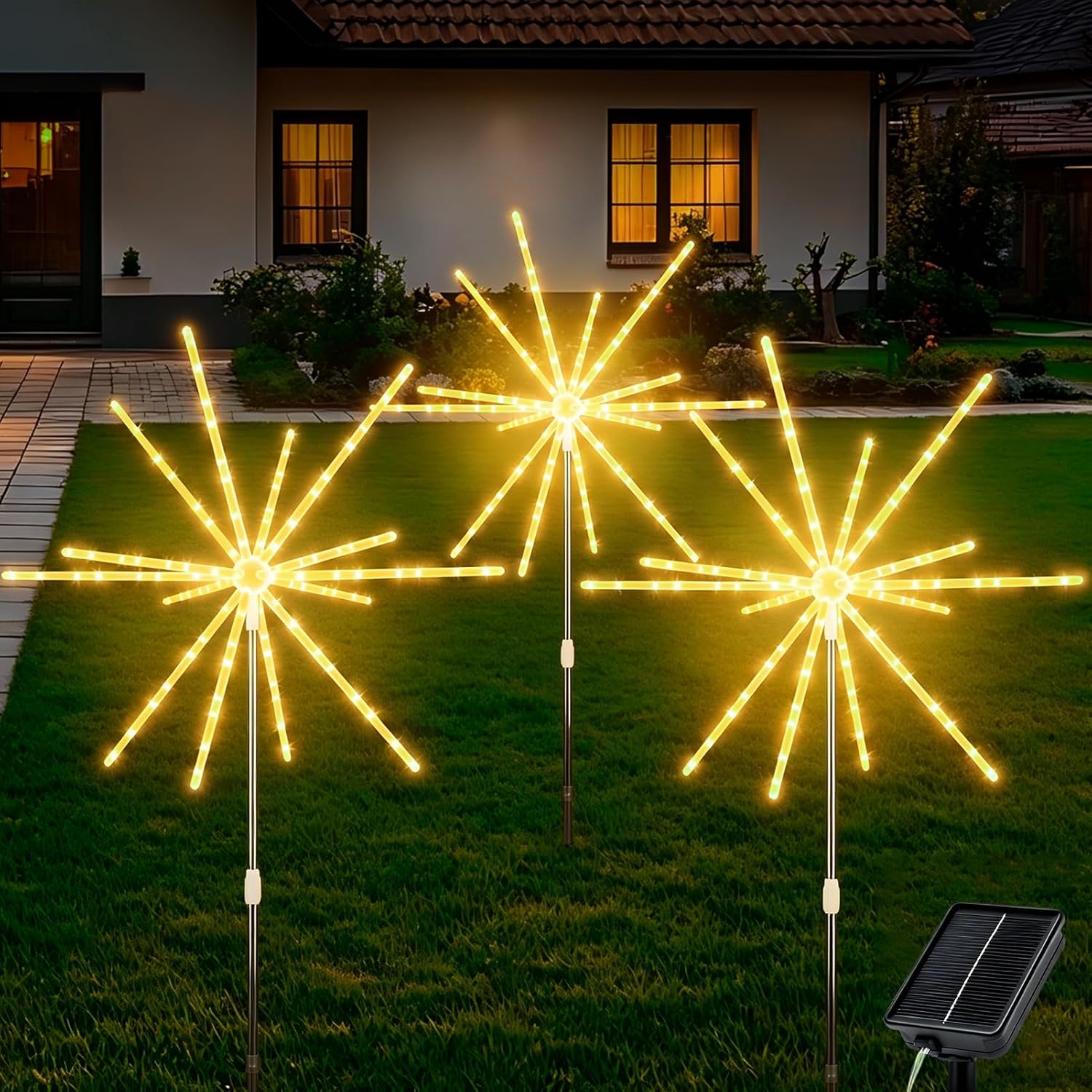 Solar Lights Outdoor Garden 3 in 1 336 LED Solar Firework Lights with Auto Timer 8 Modes Auto On Off Starburst Lights Waterproof for Lawn Yard Patio Party
