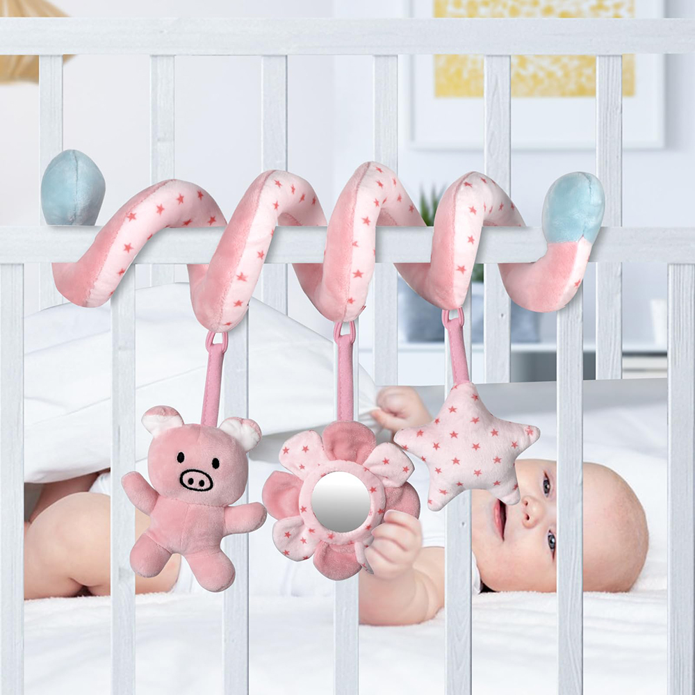 (pig) Car Seat Infant Baby Spiral Activity Hanging Toys Stroller Bar Crib Bassinet Mobile with Mirror BB Squeaker and Rattles