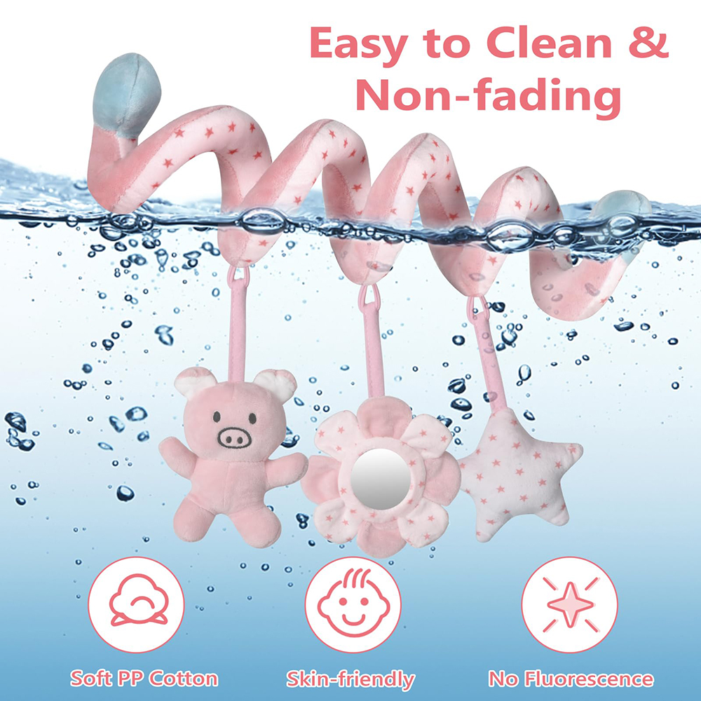 (pig) Car Seat Infant Baby Spiral Activity Hanging Toys Stroller Bar Crib Bassinet Mobile with Mirror BB Squeaker and Rattles